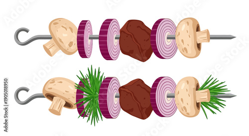 Two skewers of assorted food items including mushrooms, onions, and meat, presented in a digital illustration.