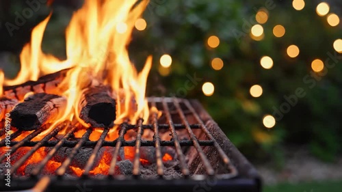Outdoor Barbecue with Blazing Fire, social gathering concept