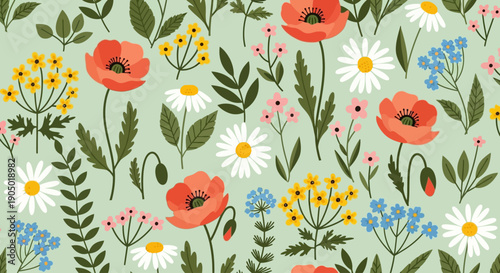 A serene floral pattern featuring poppies daisies and forget-me-nots in a lush botanical arrangement