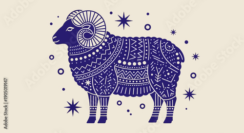 Illustration of a ram with intricate designs and patterns surrounded by stars
