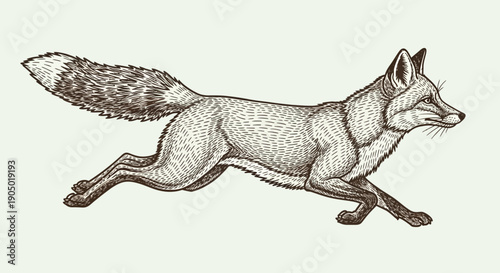 Detailed illustration of a running fox with dynamic motion and intricate linework