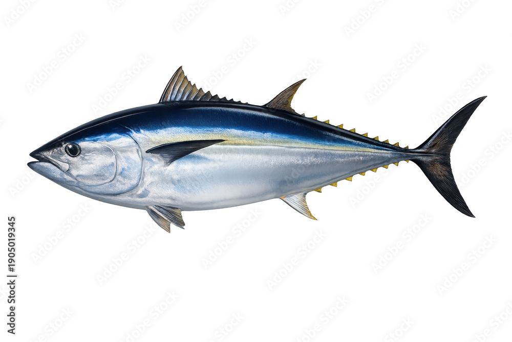 Obraz premium Bluefin tuna fish swimming, a powerful oceanic predator providing fresh seafood and healthy nutrition, isolated with transparent background