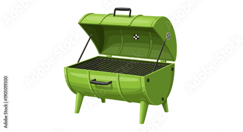 A vibrant green portable grill with an open lid, standing on four legs against a clean background.