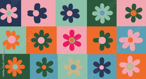 Vibrant floral pattern featuring diverse flowers in a grid layout with varying colors and petal designs on a multicolored background from a direct viewpoint