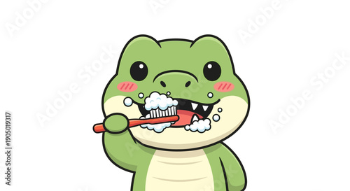 A cartoon crocodile brushing its teeth with a toothbrush, showcasing dental hygiene habits in a fun and educational digital illustration.