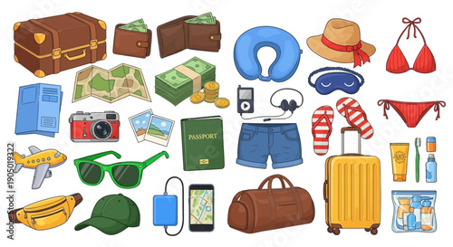 Vibrant travel essentials and accessories arranged for a summer vacation adventure