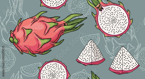 Digital illustration of pitaya fruit slices and whole fruit on gray background from overhead viewpoint