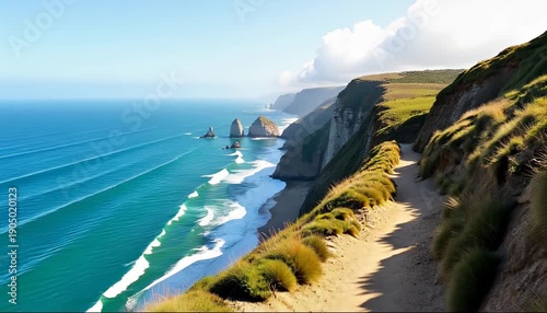 Cliffside trail overlooking endless ocean horizons 