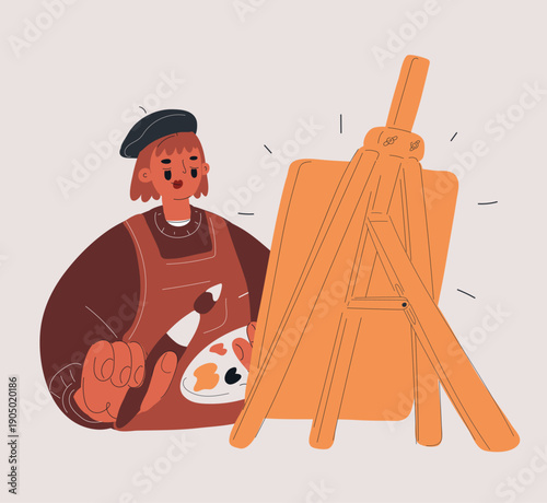 Cartoon vector illustration of woman artist painting a picture