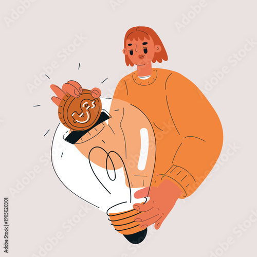 Cartoon vector illustration of a woman tossing a coin into a lightbulb, symbolizing investing in ideas, creativity, and innovation