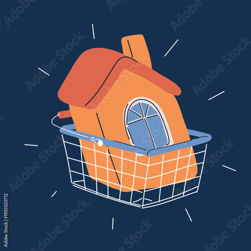 Cartoon vector illustration of a shopping basket with a house inside, symbolizing buying a home, investment, and dreams of owning property