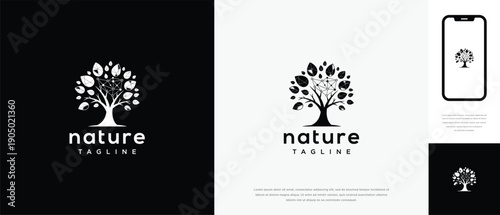 Nature Tree Logo Design with Leaves and Fruits for Organic Eco Health Brands.