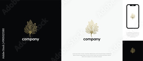 Golden Leaf Tree Logo Design Luxury Abstract Nature Brand Identity.