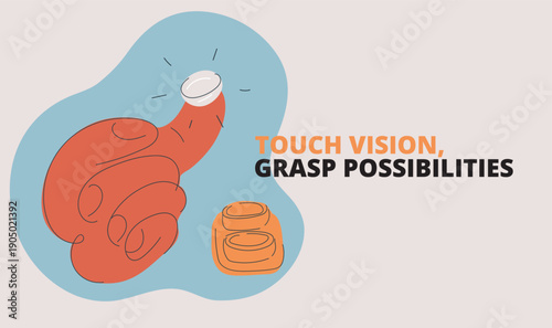 Cartoon vector illustration of a finger holding a contact lens with its container, symbolizing eye care, hygiene, and attention to detail