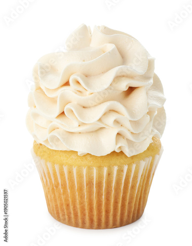 Fotografía Tasty cupcake with whipped cream on white background
