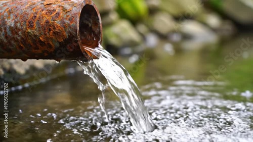 Clear Water Exiting a Rusted Metal Pipe into a Natural Body of Water, environmental awareness concept