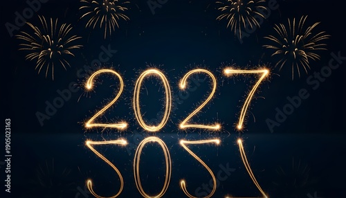 Sparkling firework light painting spells out the year 2027 against a dark night sky celebrating new years eve.