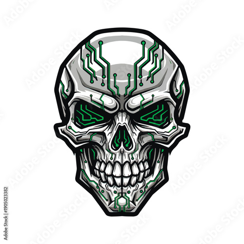 Futuristic cyberpunk skull sticker featuring glowing green circuit board patterns. Edgy robotic cranium vector illustration in a high-tech sci-fi style on a white background.