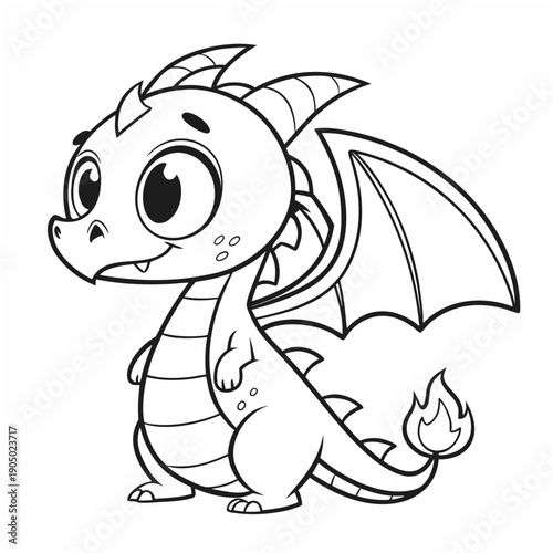 Cute Baby Dragon Cartoon Outline - Fantasy Creature for Kids Coloring

