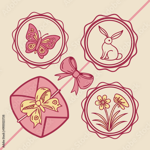 Set of Decorative Pink Wax Seals with Butterfly, Flower, and Bunny Motifs

