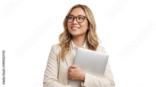 Confident young businesswoman holding laptop and smiling on transparent background. on transparent background