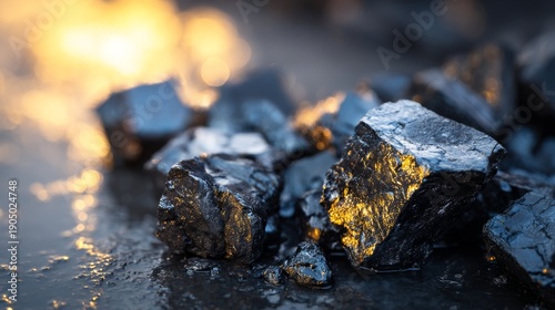 View of coal pieces with shiny surfaces reflecting light in a natural setting during late afternoon light