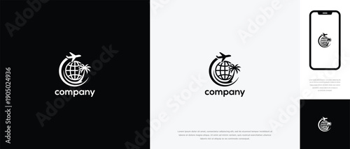 Global Travel Logo Design Airplane Globe Palm Tree for Tourism  Vacation Agency.