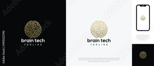 Brain Tech Logo Design Golden Digital Brain AI Neural Network Technology Concept.
