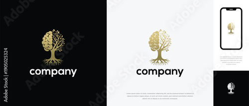 Golden Brain Tree Logo Design. Mind Nature Growth Knowledge Intelligence Company Symbol.