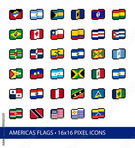 Americas Flags Pixel Art Vector Icons 16x16. Set of 30+ stylized, simplified, abstract pixel interpretations of flag designs in common use at the time of creation (2026). Free Download Americas Flags Pixel Art Vector Icons 16x16. Set of 30+ stylized, simplified, abstract pixel interpretations of flag designs in common use at the time of creation (2026). - GFXLoad