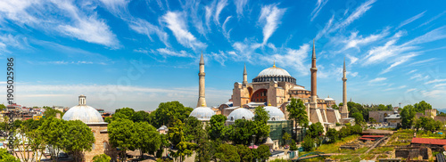 Panorama of aerial view of Hagia Sophia in Istanbul, Turkey