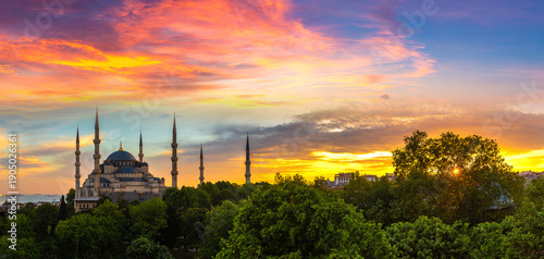 Panorama of Sultan Ahmed Mosque (Blue mosque) in Istanbul, Turkey at sunset