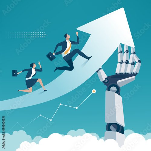 Artificial intelligence helps achieve greater efficiency and success. Business professionals climbing success arrow growth chart, goal achievement supported by Artificial intelligence. Vector.
