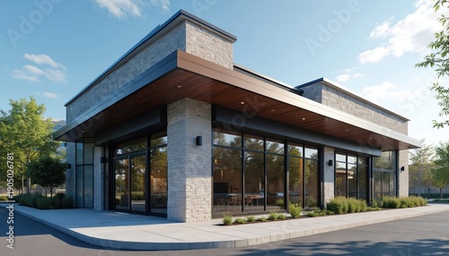 Wallpaper Mural Modern commercial building exterior with large glass windows and stone facade. Trees and green bushes surround the structure. Clear blue sky above. Torontodigital.ca