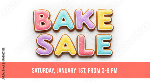 Colorful iced cookie letters spelling Bake Sale on white, representing a baked goods event or promotion, with red banner underneath and free space