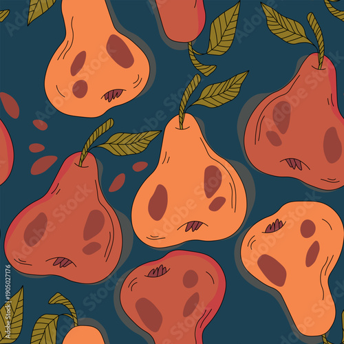 Seamless pattern with pear on color background. Natural delicious fresh ripe tasty fruit. Sweet pears with leaves. Food concept. Vector illustration for print, fabric, textile.