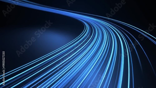 Blue light trails curving on dark road at night with blurred motion