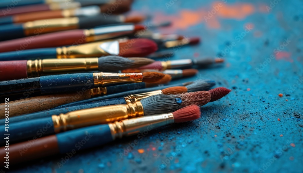 Obraz premium Variety of artist paint brushes with varied bristles, handles arranged on textured blue surface with scattered pigments. Close up details of art supplies show creative tools for painting, drawing.