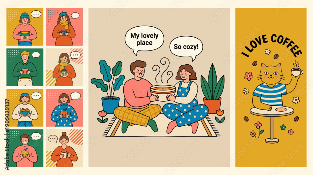 Fototapeta premium Cozy home coffee scene illustrated in retro cartoon style with a couple on a sofa, panel art, and a Love Coffee sign for warm wall decor.