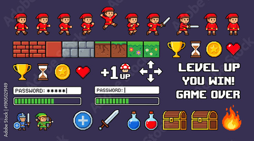 Retro pixel-art arcade platformer UI with multiple hero sprites, level-up banners, chests, potions, hearts, coins, and treasure indicators