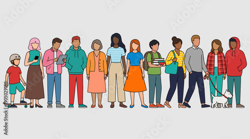 Diverse group of adults, children, and teens standing in a line in casual clothing in a multicultural, inclusive vector illustration.