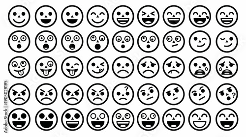 Monochrome emoji face grid featuring diverse expressions for UI design and stock illustration: black-and-white emotion icons