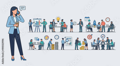 Female presenter leading a diverse corporate training session with an engaged audience in a modern classroom setting.