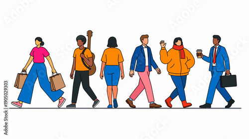Diverse group of pedestrians walking together in an urban street, carrying bags and backpacks, in colorful professional casual attire