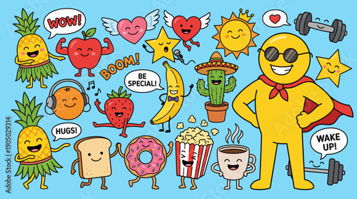 Colorful cartoon emoji characters collage on a blue background featuring smiling suns, hearts, donuts, fitness figures, speech bubbles and playful icons