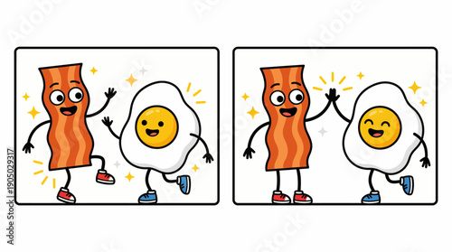 Two-panel cartoon illustration of a bacon strip and a sunny-side-up egg dancing together in a playful breakfast scene.