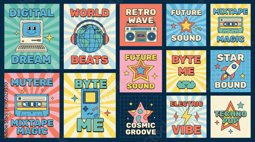 Vibrant retro-futuristic music posters collage with neon colors, digital dream vibes, and futuristic sound themes