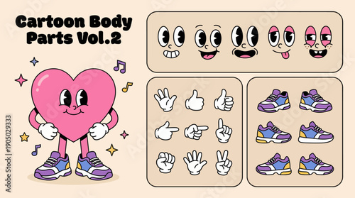 Cute anthropomorphic cartoon heart character with flexible body parts and sneakers, kid-friendly health and fitness mascot illustration