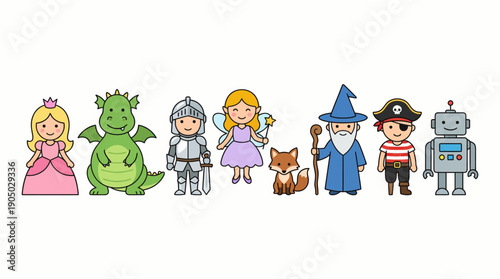 Colorful lineup of classic fantasy and sci-fi characters in a cheerful cartoon illustration featuring princess, dragon, knight, wizard, pirate, robot, dog and friends
