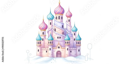 Fairytale Castle with Pink and Blue Turrets in Snowy Landscape